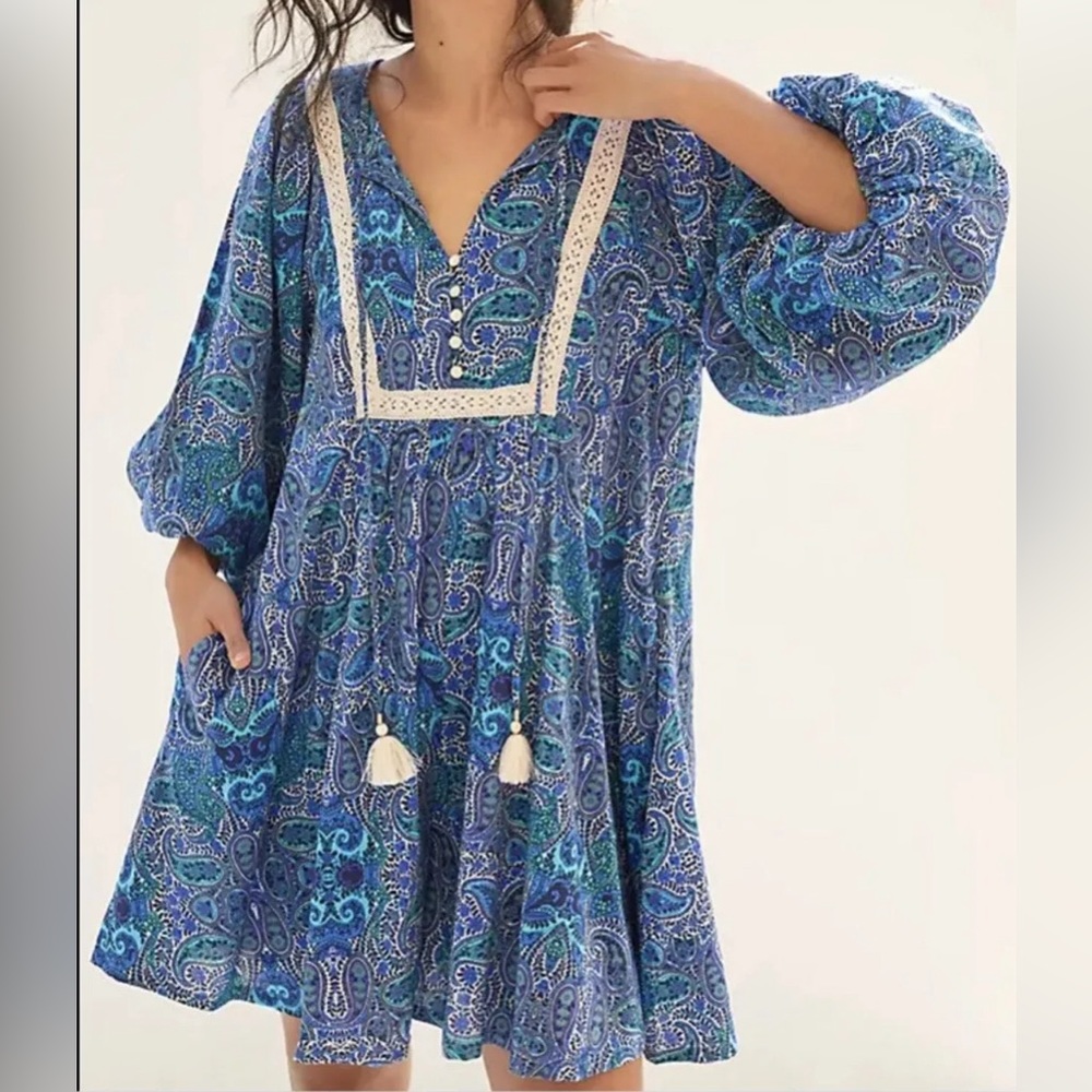 Anthropologie Lissa Romper Blue Paisley Print Puff Sleeve size Small